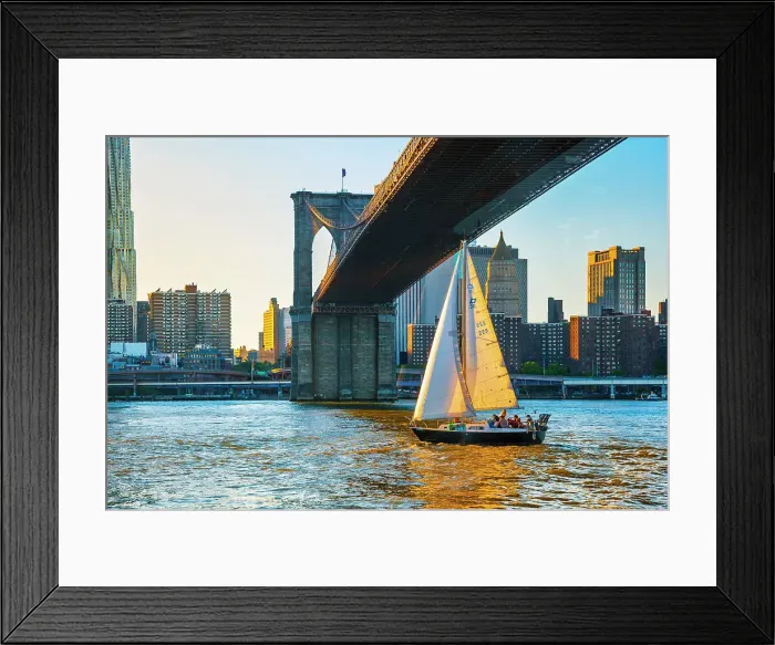 Framed Print : New York City, Lower Manhattan with Sailboat passing under Brooklyn Bridge Framed Print : New York City, Lower Manhattan with Sailboat passing under Brooklyn Bridge