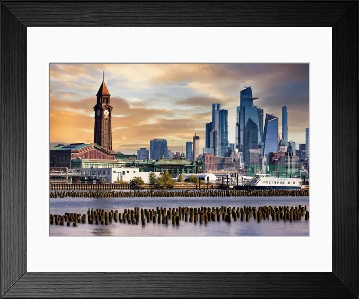 Framed Print : NJ, wooden pier pillars in the Hudson River, Erie Lackawanna Train Station in Hoboken, New Jersey and the skyline of Manhattan Framed Print : NJ, wooden pier pillars in the Hudson River, Erie Lackawanna Train Station in Hoboken, New Jersey and the skyline of Manhattan