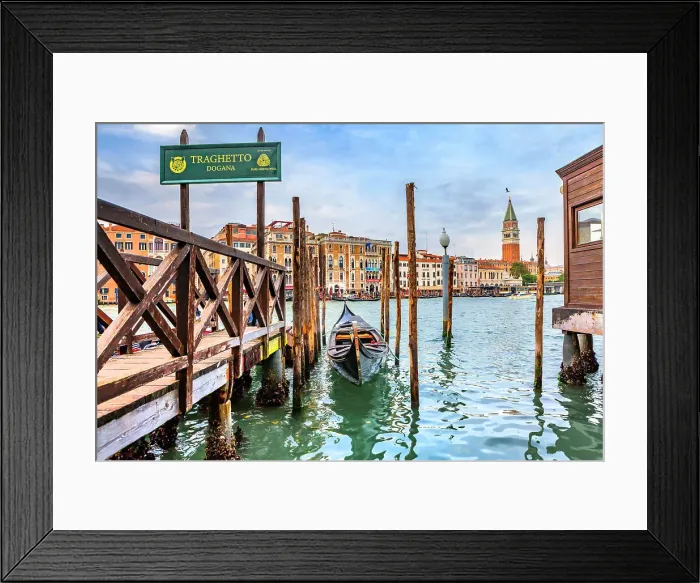 Framed Print : Italy, Veneto, Venice, Gondola with typical architecture and Saint Mark's Campanile in the background