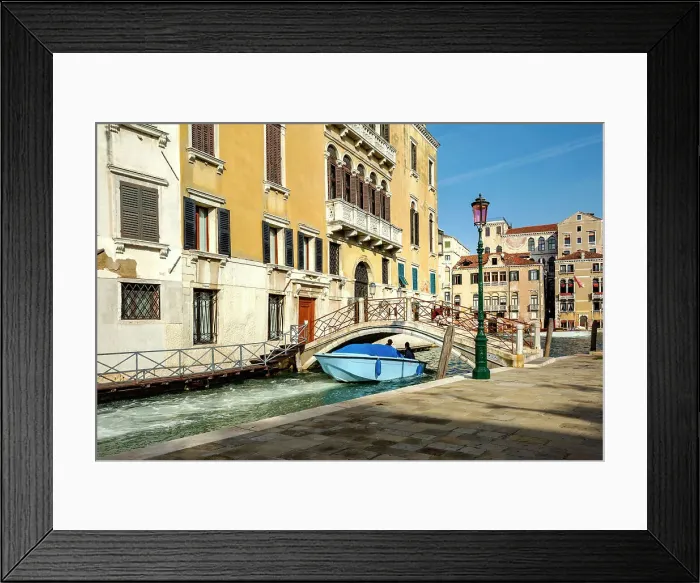 Framed Print : Italy, Veneto, Venice, Motor boat passing under bridge on canal Framed Print : Italy, Veneto, Venice, Motor boat passing under bridge on canal