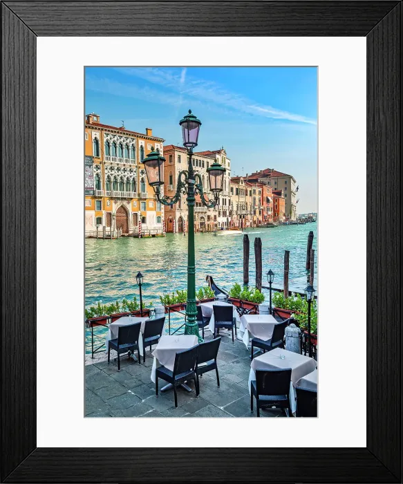 Framed Print : Italy, Veneto, Venice, waterfront Outdoor cafe overlooking Grand canal and typical architecture near Ponte dell'Accademia Framed Print : Italy, Veneto, Venice, waterfront Outdoor cafe overlooking Grand canal and typical architecture near Ponte dell'Accademia