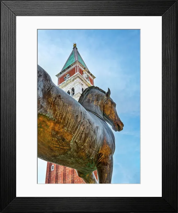 Framed Print : Italy, Veneto, Venice, Triumphal Quadriga detail at Saint Mark's Basilica facade with Campanile di San Marco Framed Print : Italy, Veneto, Venice, Triumphal Quadriga detail at Saint Mark's Basilica facade with Campanile di San Marco