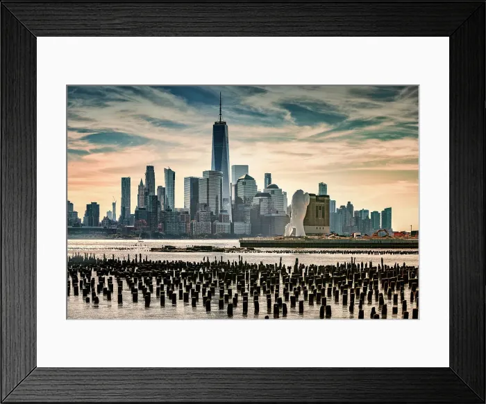 Framed Print : NJ, Newport Waterfront, Views of NYC with Water's Soul sculpture Framed Print : NJ, Newport Waterfront, Views of NYC with Water's Soul sculpture