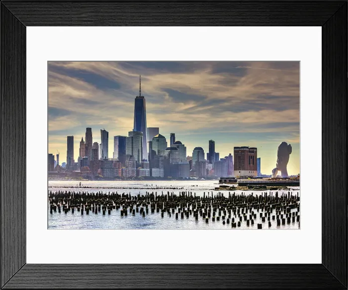 Framed Print : NJ, Newport Waterfront, Views of NYC with Water's Soul sculpture Framed Print : NJ, Newport Waterfront, Views of NYC with Water's Soul sculpture