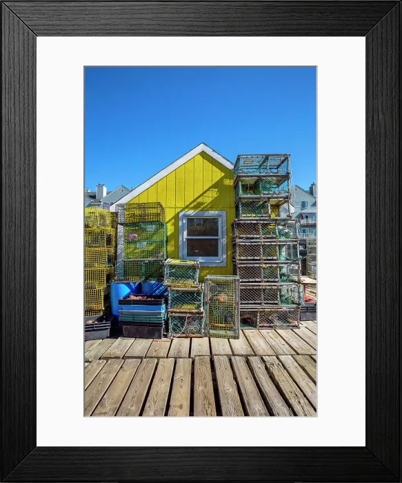 Framed Print : Maine, Portland, Colorful shack and lobster traps at the Widgery wharf Framed Print : Maine, Portland, Colorful shack and lobster traps at the Widgery wharf