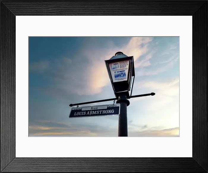 Framed Print : Louisiana, New Orleans, Rue Louis Armstrong, lamppost Woldenberg Park, riverfront
