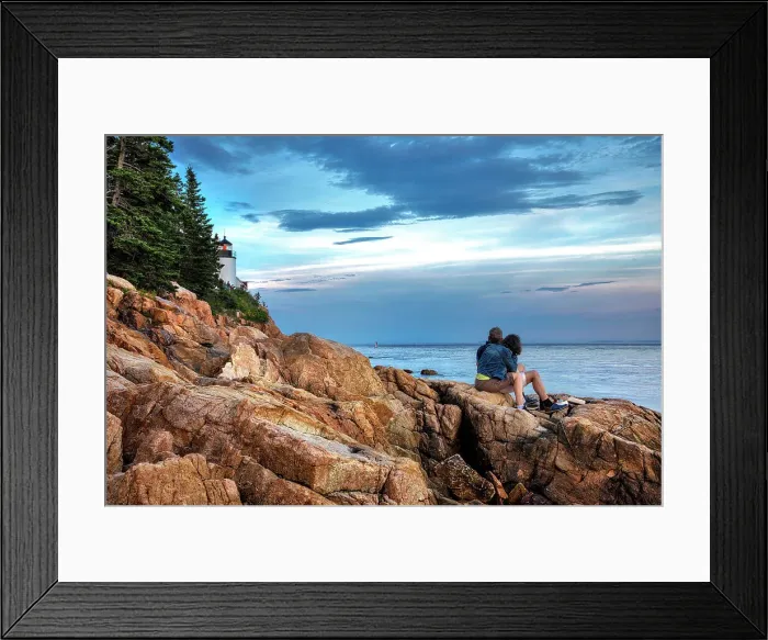 Framed Print : Maine, Bass Harbor, Couple on Rocks by Bass Harbor Head Lighthouse