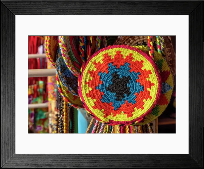 Framed Print : Colombia, Magdalena, Taganga, handmade bag displayed Framed Print : Colombia, Magdalena, Taganga, handmade bag displayed