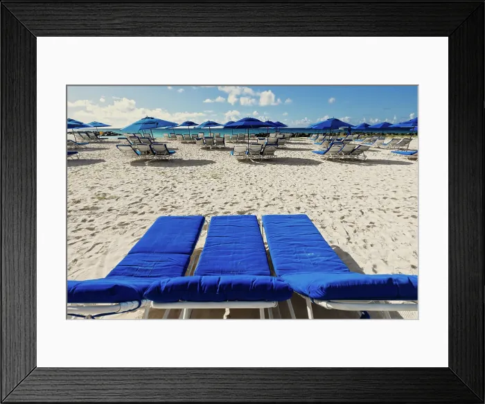 Framed Print : Barbados, empty lounge chairs and beach umbrella Framed Print : Barbados, empty lounge chairs and beach umbrella