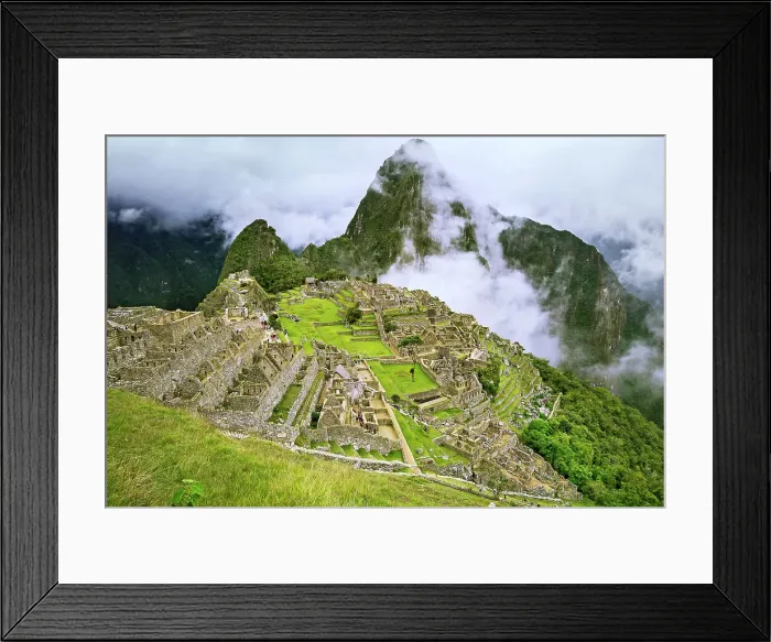 Framed Print : Peru, Machu Picchu ruins, overview of city and Huayna Picchu mountain