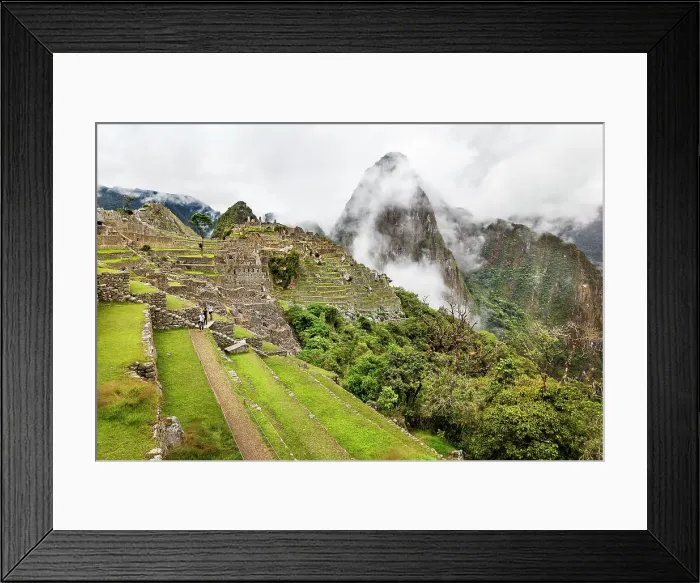 Framed Print : Peru, Machu Picchu ruins, overview of city and Huayna Picchu mountain