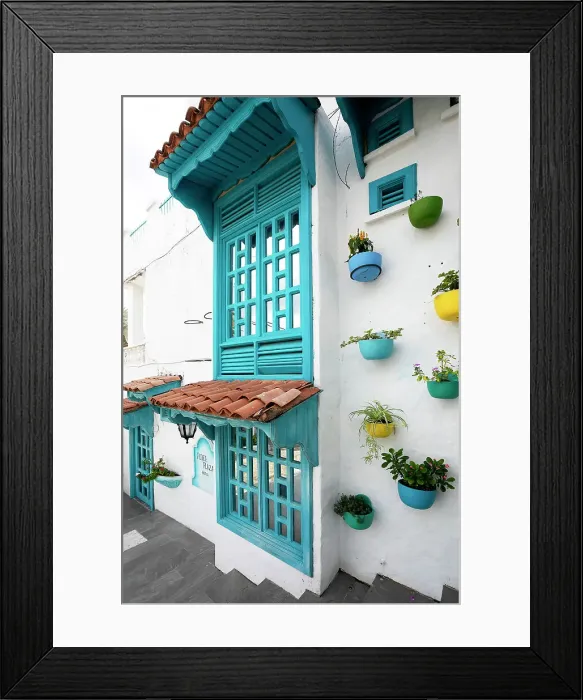 Framed Print : Colombia, Colorful Facade with Plant Pots on a wall in La Aldea (Colombian Santorini)