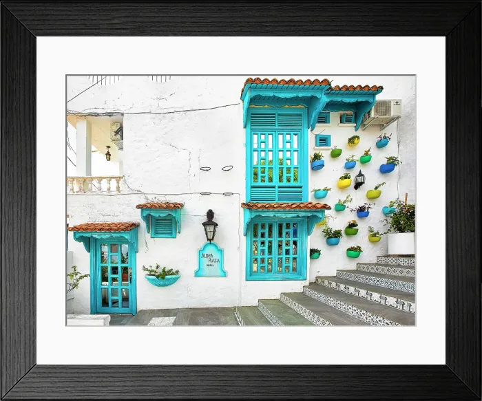 Framed Print : Colombia, Colorful Facade with Plant Pots on a wall in La Aldea (Colombian Santorini)