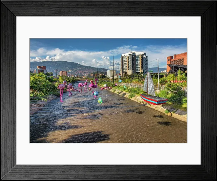 Framed Print : Colombia, Medellin, Parques del Rio, Medellin, Christmas decorations over Medellin river Framed Print : Colombia, Medellin, Parques del Rio, Medellin, Christmas decorations over Medellin river