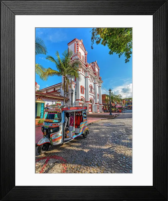 Framed Print : Colombia, Antioquia, Guatape, Nuestra Senora del Carmen church with Mototaxi Framed Print : Colombia, Antioquia, Guatape, Nuestra Senora del Carmen church with Mototaxi