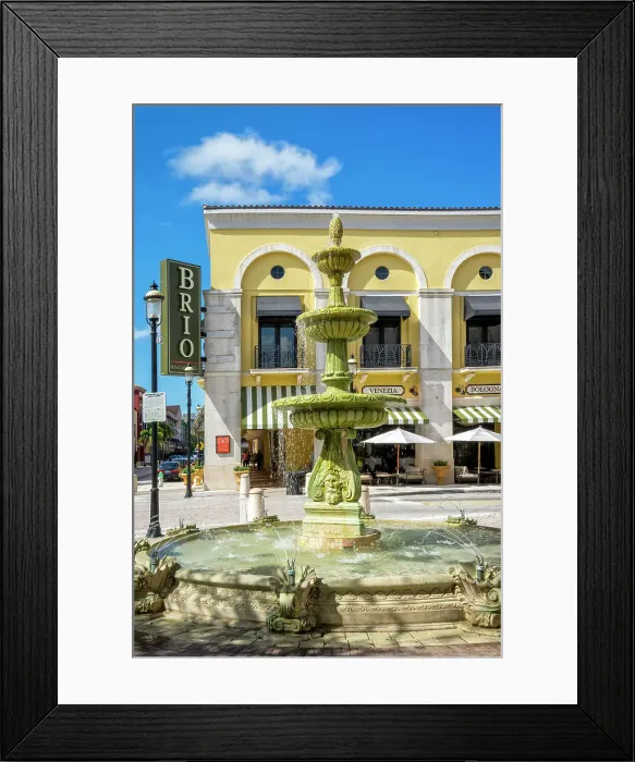Framed Print : Florida, West Palm Beach, City Place, water fountain with Brio restaurant sign