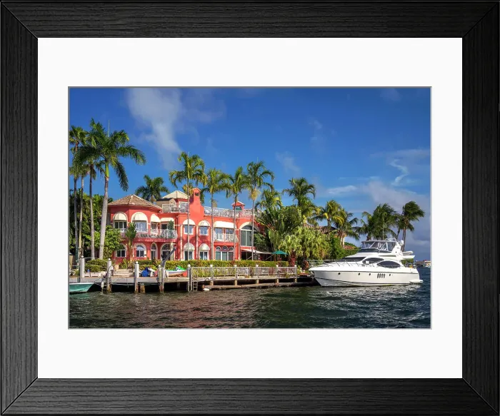 Framed Print : Florida, Fort Lauderdale, upscale home with yacht along the Intracoastal waterway