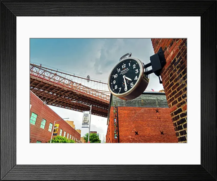 Framed Print : New York City, Brooklyn, DUMBO, clock on building with Brooklyn Bridge in background Framed Print : New York City, Brooklyn, DUMBO, clock on building with Brooklyn Bridge in background