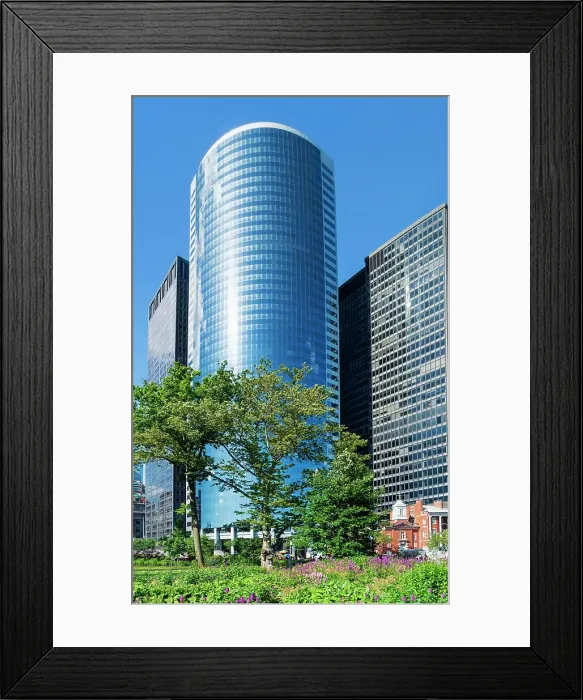 Framed Print : USA, New York City, Manhattan, Servcorp building behind a garden with flowers
