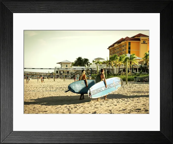 Framed Print : Florida, Deerfield Beach, two surfers walking on beach