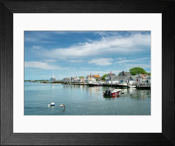 Framed Print : USA, Nantucket, Massachusetts, New England, shore houses, wooden dock, boats moored
