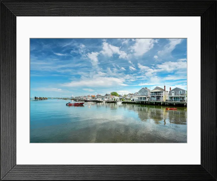 Framed Print : USA, Nantucket, Massachusetts, New England, shore houses, clear water, boats near to the dock, blue sky with some clouds Framed Print : USA, Nantucket, Massachusetts, New England, shore houses, clear water, boats near to the dock, blue sky with some clouds