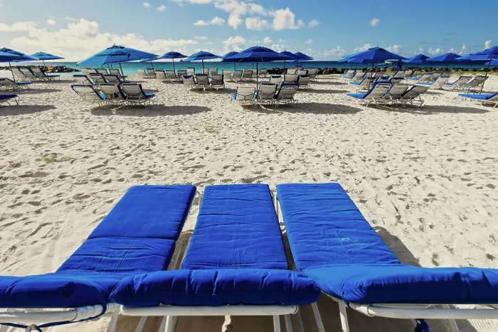 Framed Print : Barbados, empty lounge chairs and beach umbrella Framed Print : Barbados, empty lounge chairs and beach umbrella