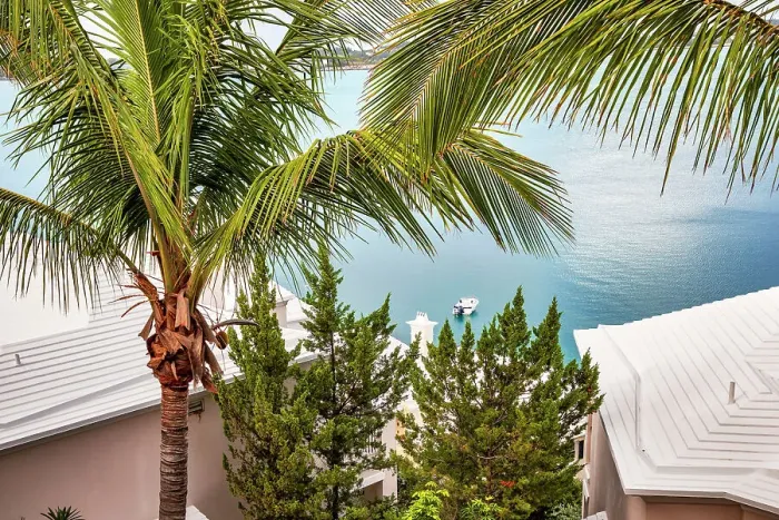 Framed Print : Bermuda, Castle Harbor views with palm trees and buildings iconic white rooftops