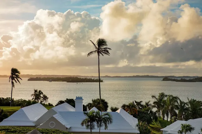 Framed Print : Bermuda, sweeping views of Hamilton Harbor and the Great Sound with iconic white rooftops in the foreground