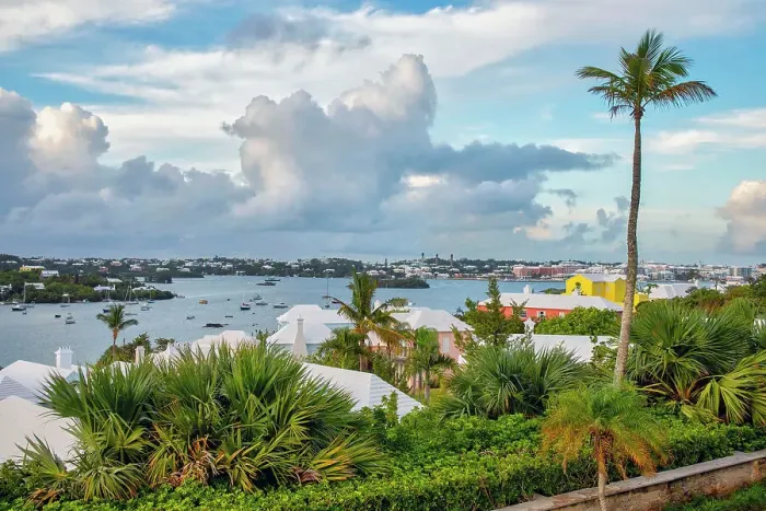 Framed Print : Bermuda, View to Harbor and Great Sound, and buildings with iconic white rooftops Framed Print : Bermuda, View to Harbor and Great Sound, and buildings with iconic white rooftops