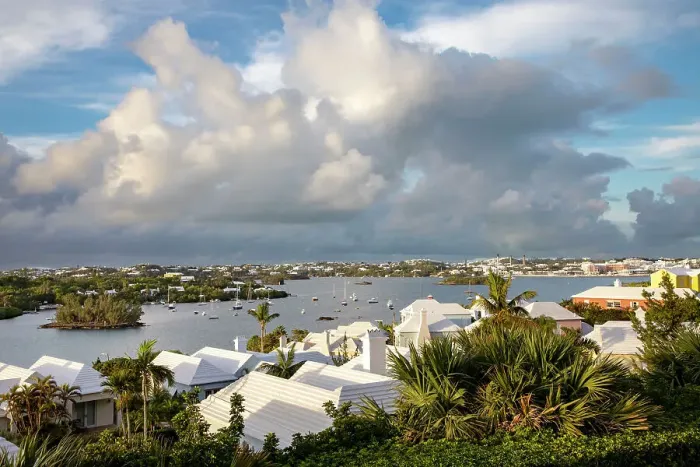 Framed Print : Bermuda, View to Harbor and Great Sound, and buildings with iconic white rooftops Framed Print : Bermuda, View to Harbor and Great Sound, and buildings with iconic white rooftops