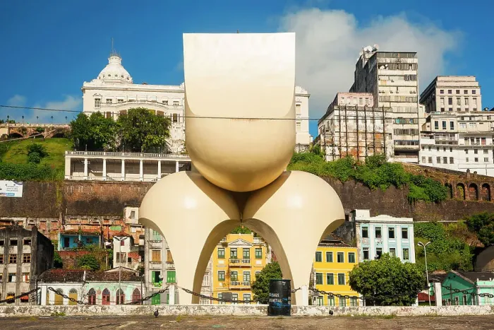 Framed Print : Brazil, Bahia, Salvador, lower city scene with Mario Cravo's sculpture Framed Print : Brazil, Bahia, Salvador, lower city scene with Mario Cravo's sculpture