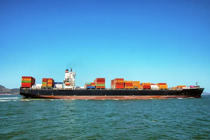 Framed Print : California, San Francisco, Cargo ship in bay Framed Print : California, San Francisco, Cargo ship in bay
