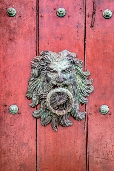 Framed Print : Colombia, Cartagena, door knocker in the shape of a lion Framed Print : Colombia, Cartagena, door knocker in the shape of a lion