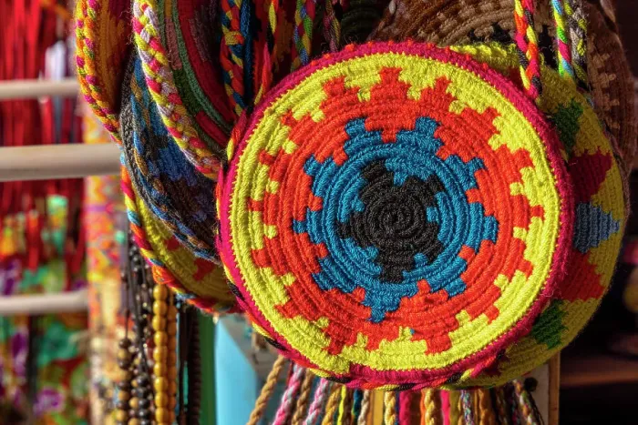 Framed Print : Colombia, Magdalena, Taganga, handmade bag displayed Framed Print : Colombia, Magdalena, Taganga, handmade bag displayed