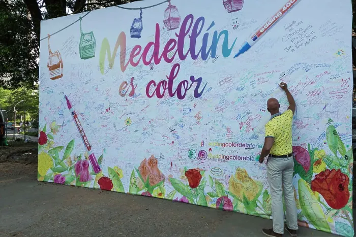 Framed Print : Colombia, Medellin, Flower Festival, Open Giant Board for Visitors