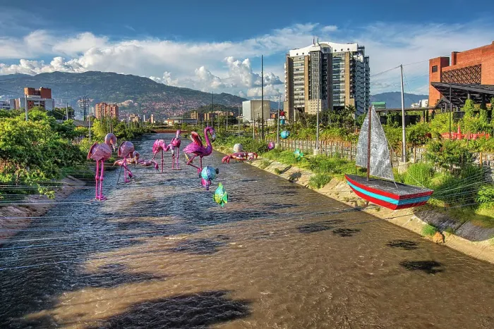 Framed Print : Colombia, Medellin, Parques del Rio, Medellin, Christmas decorations over Medellin river Framed Print : Colombia, Medellin, Parques del Rio, Medellin, Christmas decorations over Medellin river