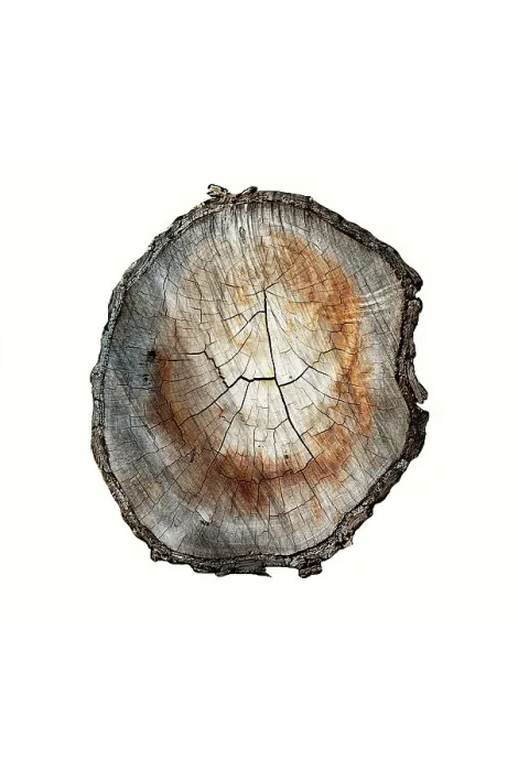 Framed Print : Cross section of cut tree branch against a white background