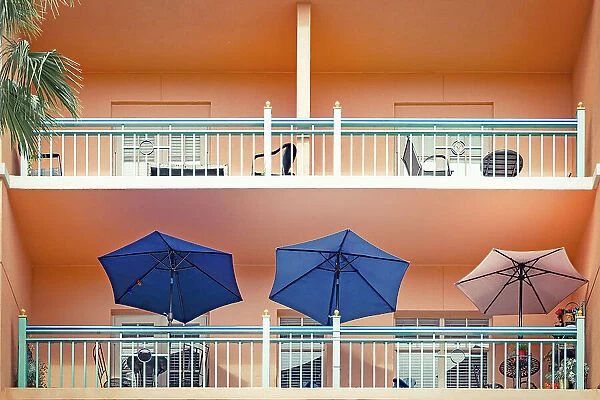 Florida, Boca Raton, three umbrellas on balcony