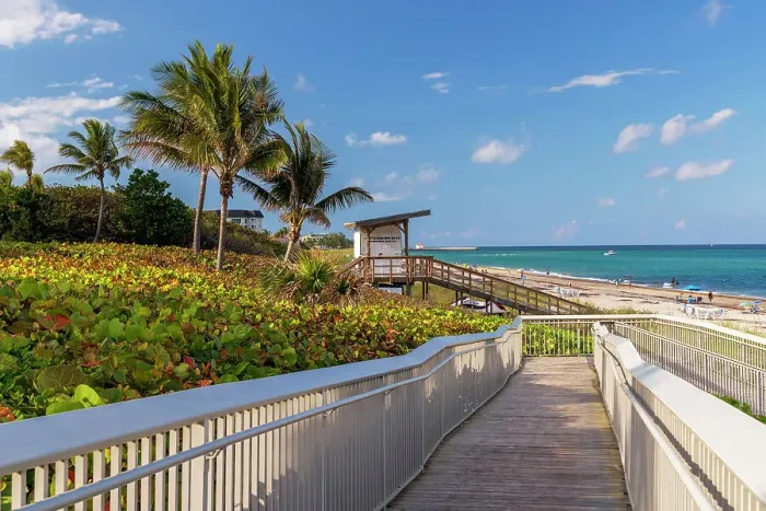 Framed Print : Florida, Boynton Beach, Oceanfront Park, walkway with lifeguard house in background