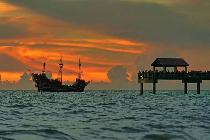 Framed Print : Florida, Clearwater, Captain Memo's Pirate ship with golden sky Framed Print : Florida, Clearwater, Captain Memo's Pirate ship with golden sky