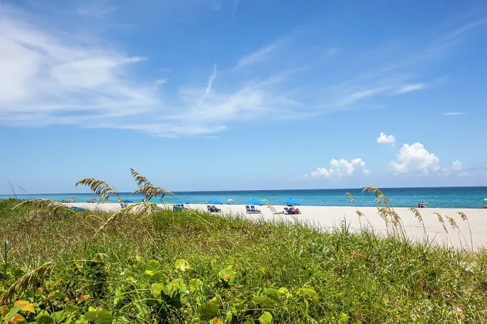 Framed Print : Florida, Delray Beach, beach chairs with umbrella Framed Print : Florida, Delray Beach, beach chairs with umbrella