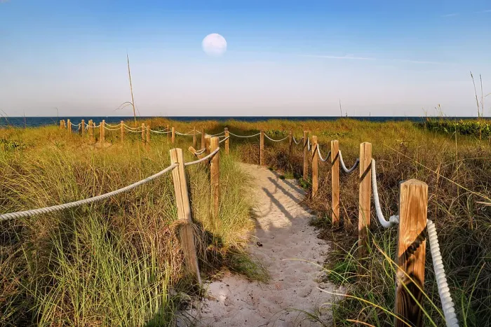 Framed Print : Florida, Delray Beach, pathway leading to beach with moon in sky Framed Print : Florida, Delray Beach, pathway leading to beach with moon in sky