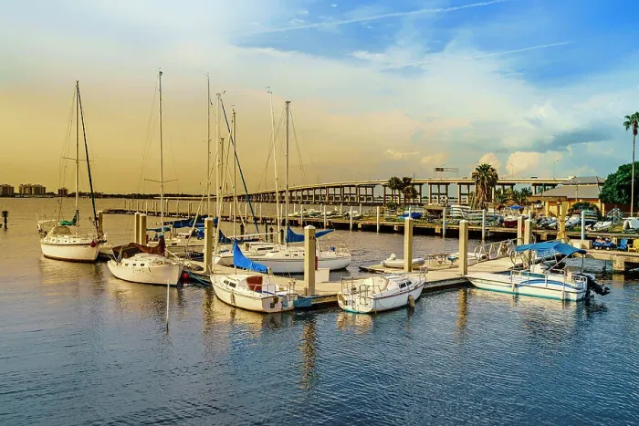 Framed Print : Florida, Fort Myers, View of marina and bridge Framed Print : Florida, Fort Myers, View of marina and bridge