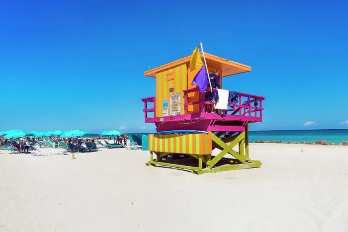 Framed Print : Florida, Miami, South Beach, colorful lifeguard station at South Miami Beach