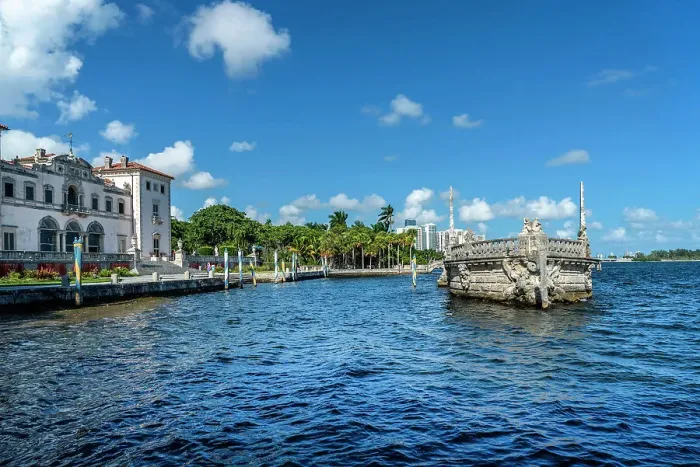 Framed Print : Florida, Miami, Villa Vizcaya, Vizcaya Museum and Gardens, View of Stone Barge and East Facade Framed Print : Florida, Miami, Villa Vizcaya, Vizcaya Museum and Gardens, View of Stone Barge and East Facade