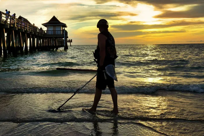 Framed Print : Florida, Naples, Fishing Pier, beachcombing with metal detector Framed Print : Florida, Naples, Fishing Pier, beachcombing with metal detector