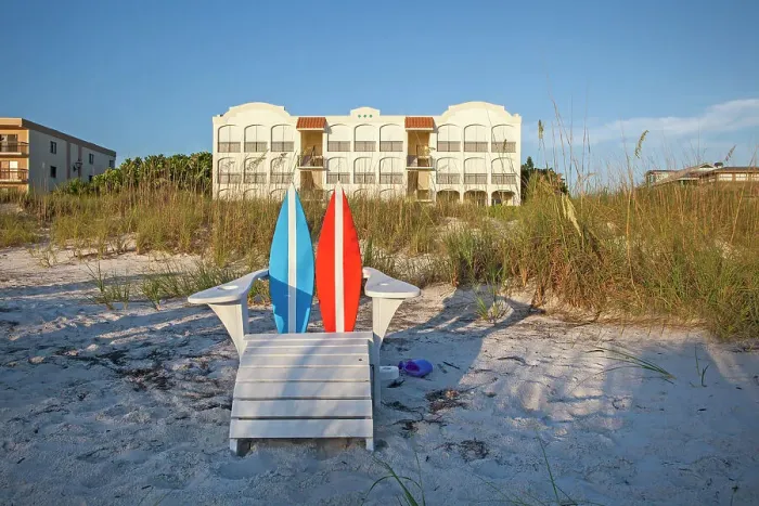 Framed Print : Florida, Saint Petersburg Beach, adirondack chair in front of beachfront home Framed Print : Florida, Saint Petersburg Beach, adirondack chair in front of beachfront home