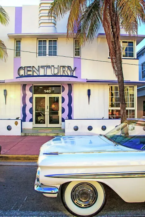 Framed Print : Florida, South Beach, classic car parked in front of the Century Hotel Framed Print : Florida, South Beach, classic car parked in front of the Century Hotel