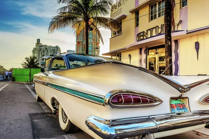 Framed Print : Florida, South Beach, classic car parked in front of the Century Hotel Framed Print : Florida, South Beach, classic car parked in front of the Century Hotel